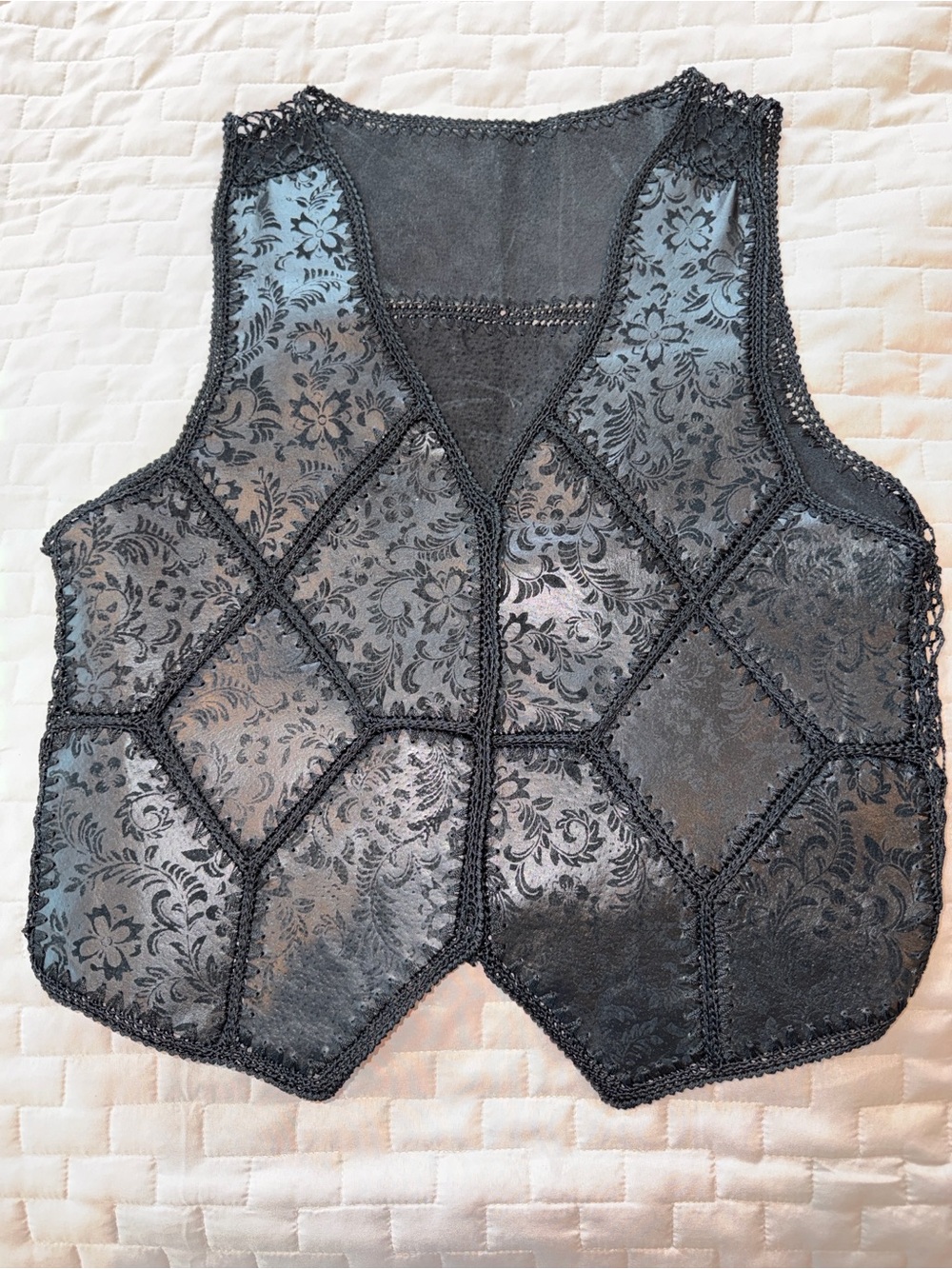 Black Floral Brocade Patchwork Leather Vest